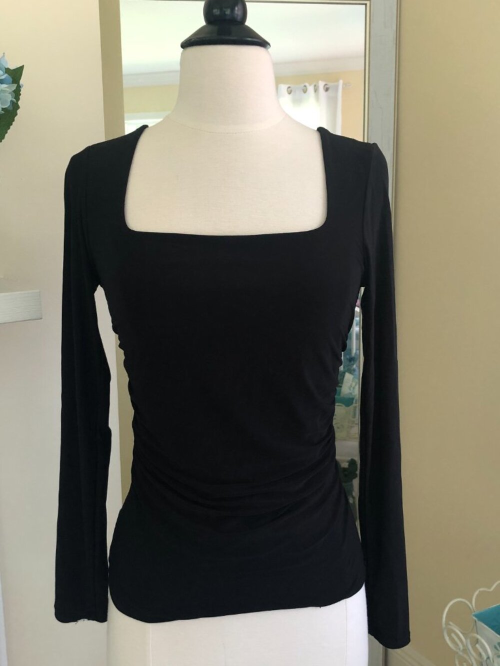 Black Long Sleeve Slinky Square Neck Top Ruched Sides Small Whimsygoth